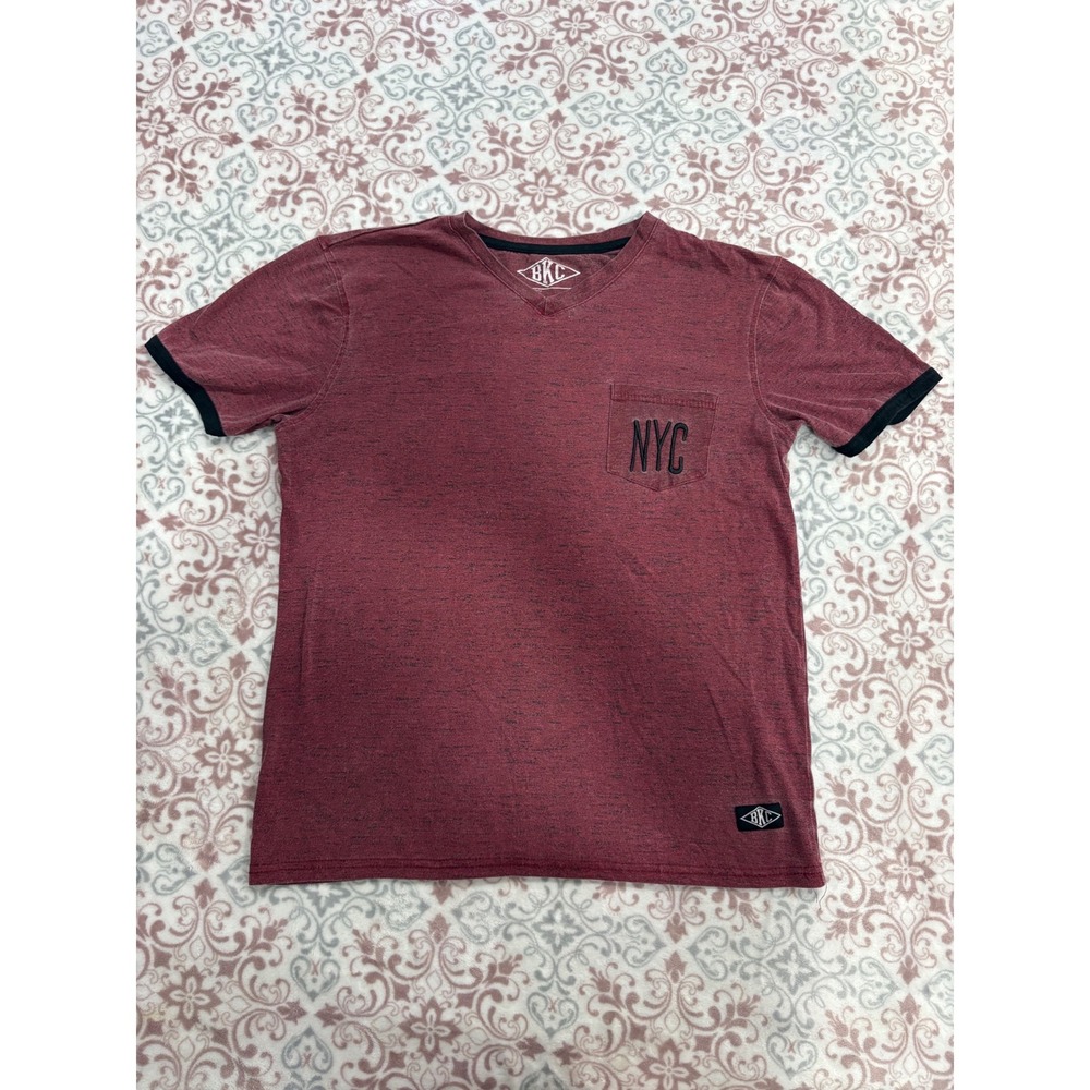 BKC Mens NYC Pocket T-Shirt Burgundy Red Heather V-Neck Ringer Tee Size M